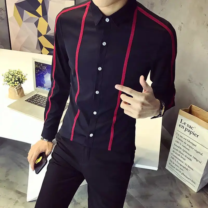 2024 New Spring and Autumn British Fashion Casual Versatile Slim Fit Color Blocking Foldover Collar Men\'s Long Sleeved Shirt Top