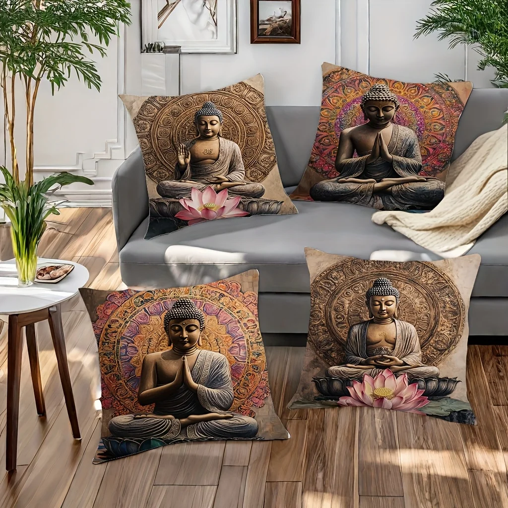 

VIKAMA4PC Buddha Statue Pillow Cover Removable, Washable, Anti-Mite Antibacterial Living Room, Tea Room, Zen Meditation Space