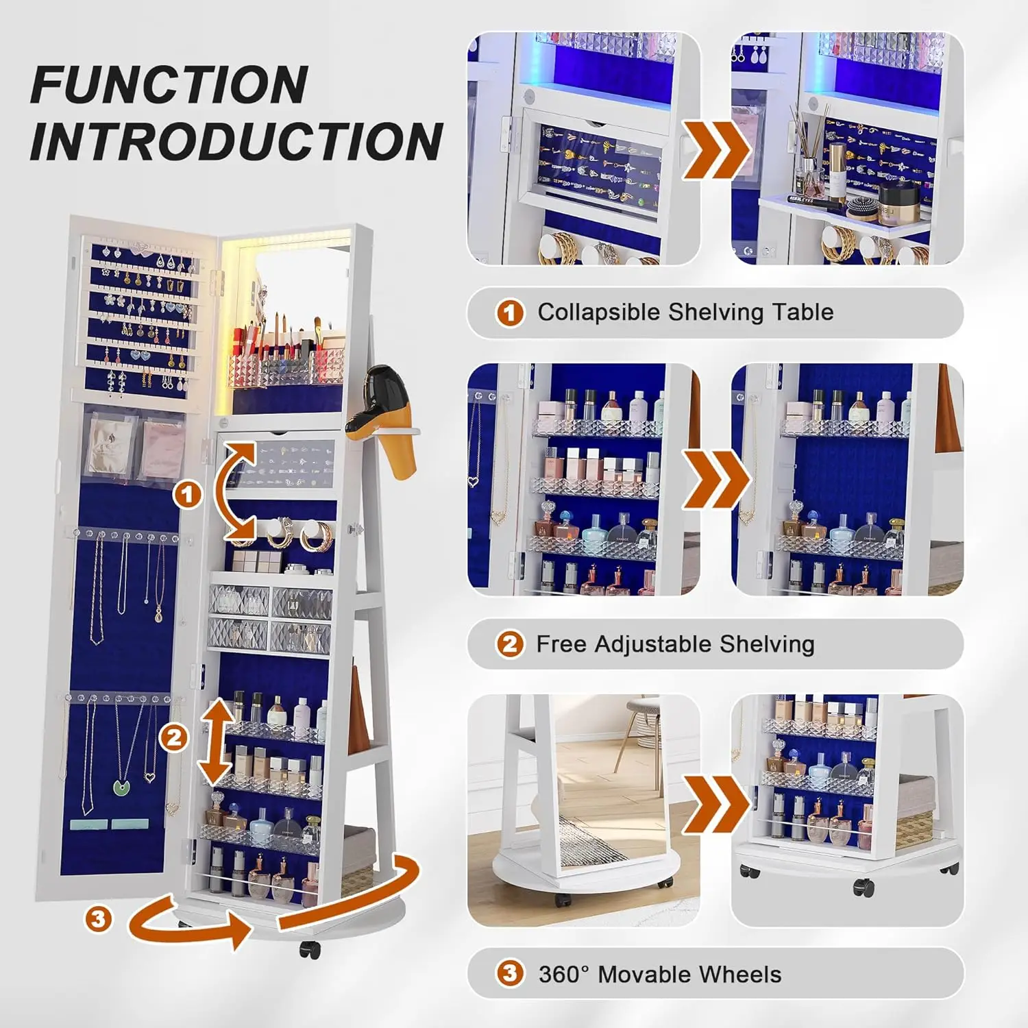 Armoire à Bijoux Miroir Rotative à 360 °, Miroir Complet, Rangement Vertical T1, Roues Verrouillables