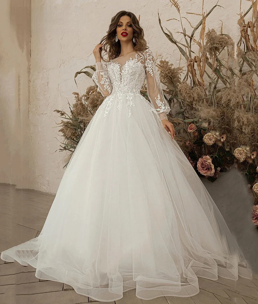 

Victoria Customized Classic Tulle A-Line Appliques Pearls Buttons Evening Dress Delicate O-neck Long Sleeves Women Wedding Gowns