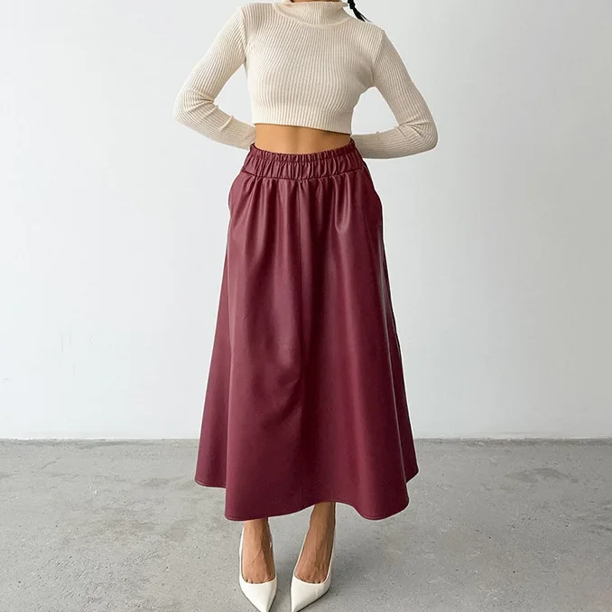 

Red Wine Color Fce Lined Artificial Leather A-Line High Waist Skirt Spring 2025 New Faion Long Skirt Commute Sle