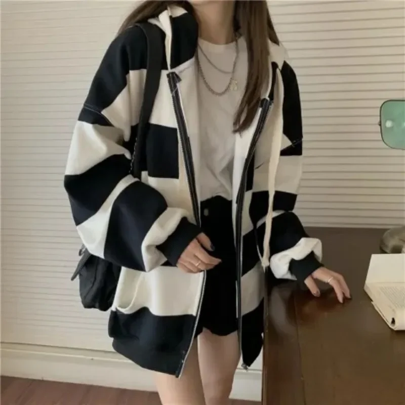 Y2k Korean Style Zipper Striped Female Hoodies Autumn Loose Casual Drawstring Streetwear Long Sleeve Women Goth Hoodie Jackets