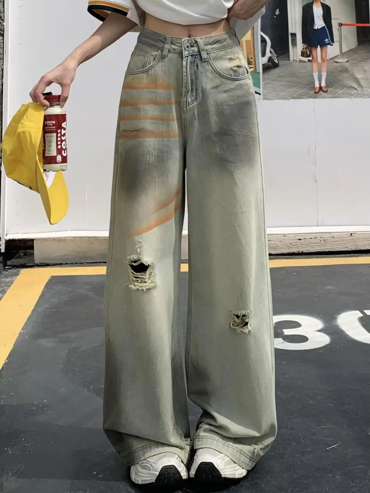 

American High Street Men's Straight Leg Jeans Destroyed Washed Vintage Loose Wide Leg Pants Casual Youth Fashion Autumn Wear