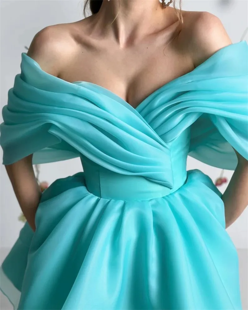 Smileven Sky Blue Off The Shoulder Prom Dress Organza Party Gowns Midi Formal Evening Dress 2024