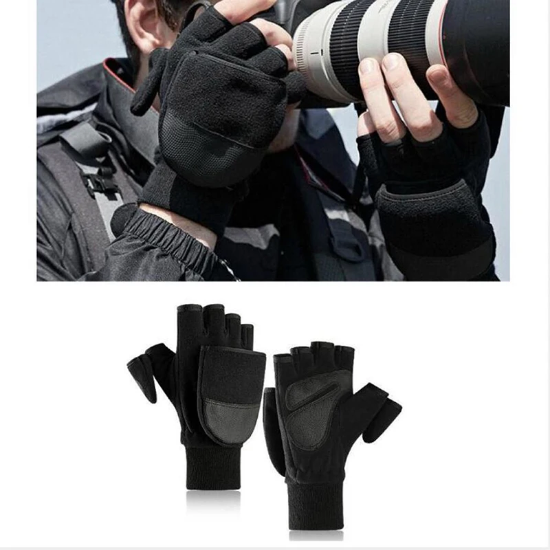 Warm Gloves Winter Flip Cover Black Fishing Gloves Half Finger Anti-Slip Breathable Camera Photography Outdoor Warm Gloves