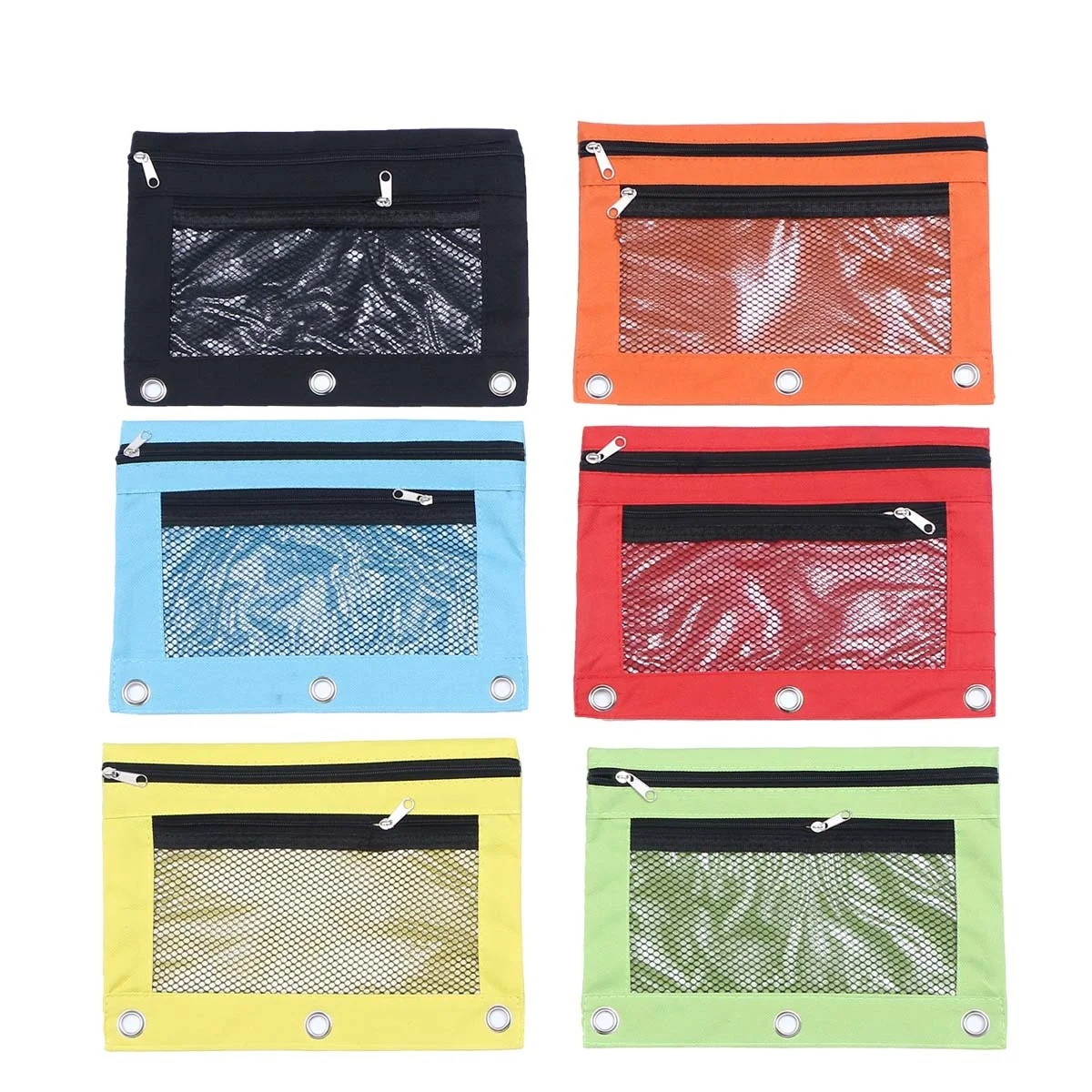

6pcs Pen Case Stationery Bag Clear Window Double Layer Zipper Bag 3 Ring Pouch Canvas Material Portable Storage School Office