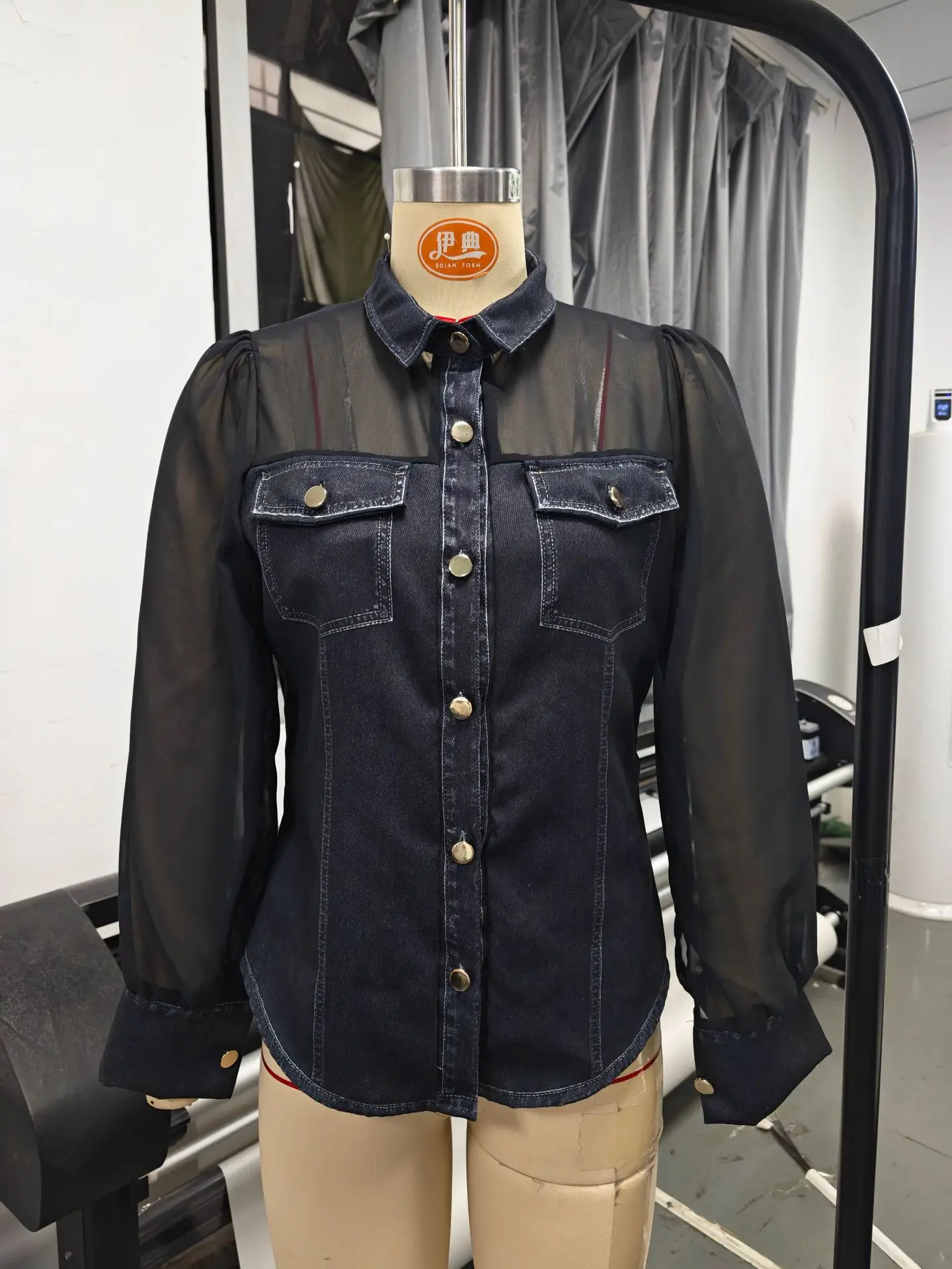 Kemeja Denim Mesh Modis Blus Kancing Elegan Dengan Saku Lengan Transparan Kemeja Kasual Streetwear Vintage Atasan Pakaian Harian