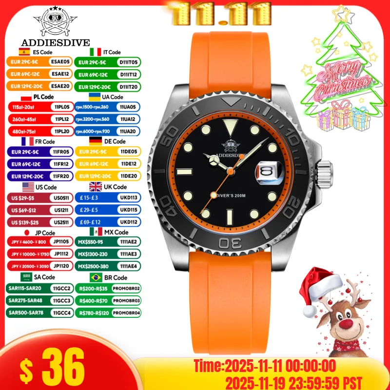 ADDIESDIVE 41mm Top Brand Sport Diver Orologio Blu Luminoso Reloj Hombre 200m Impermeabile часы мужɔе.05..05. Orologi Al Quarzo