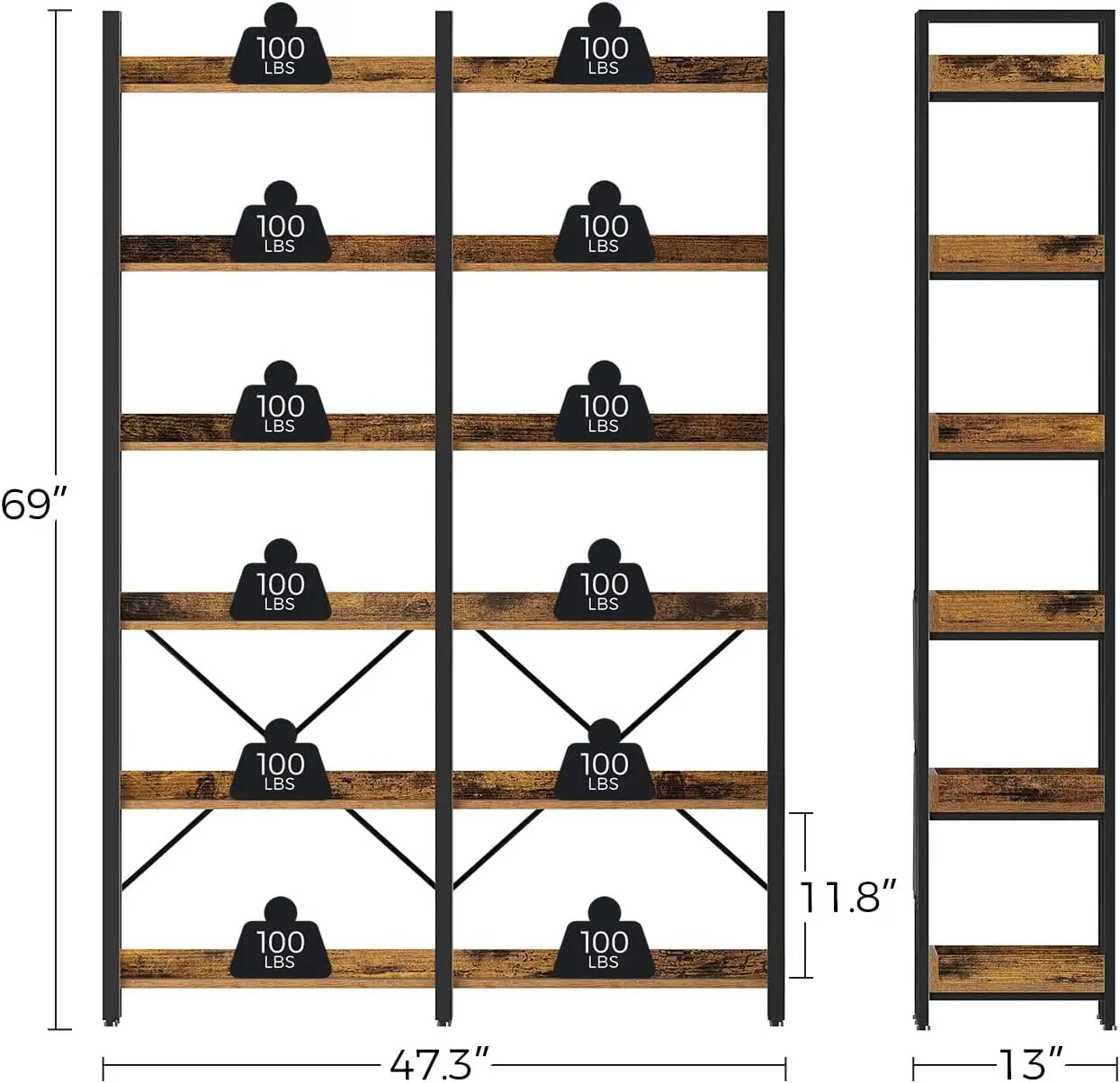 Siebens telliges Bücherregal 6 Tier mit 4 Haken, 69 "industrielles Bücherregal aus Holz, Vintage-Lager regal mit offenen Regalen