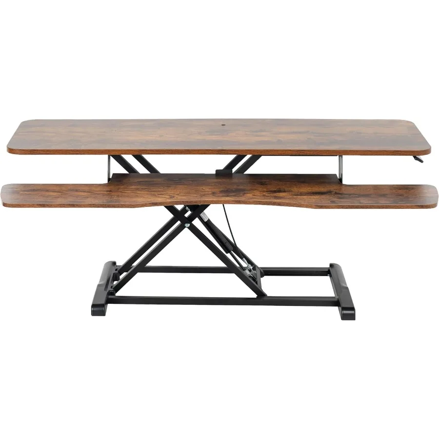 48 inch Height Adjustable Sit to Stand Desk Converter with Dual Monitor and Laptop Workstation Wide Keyboard Tray Rustic Vintag