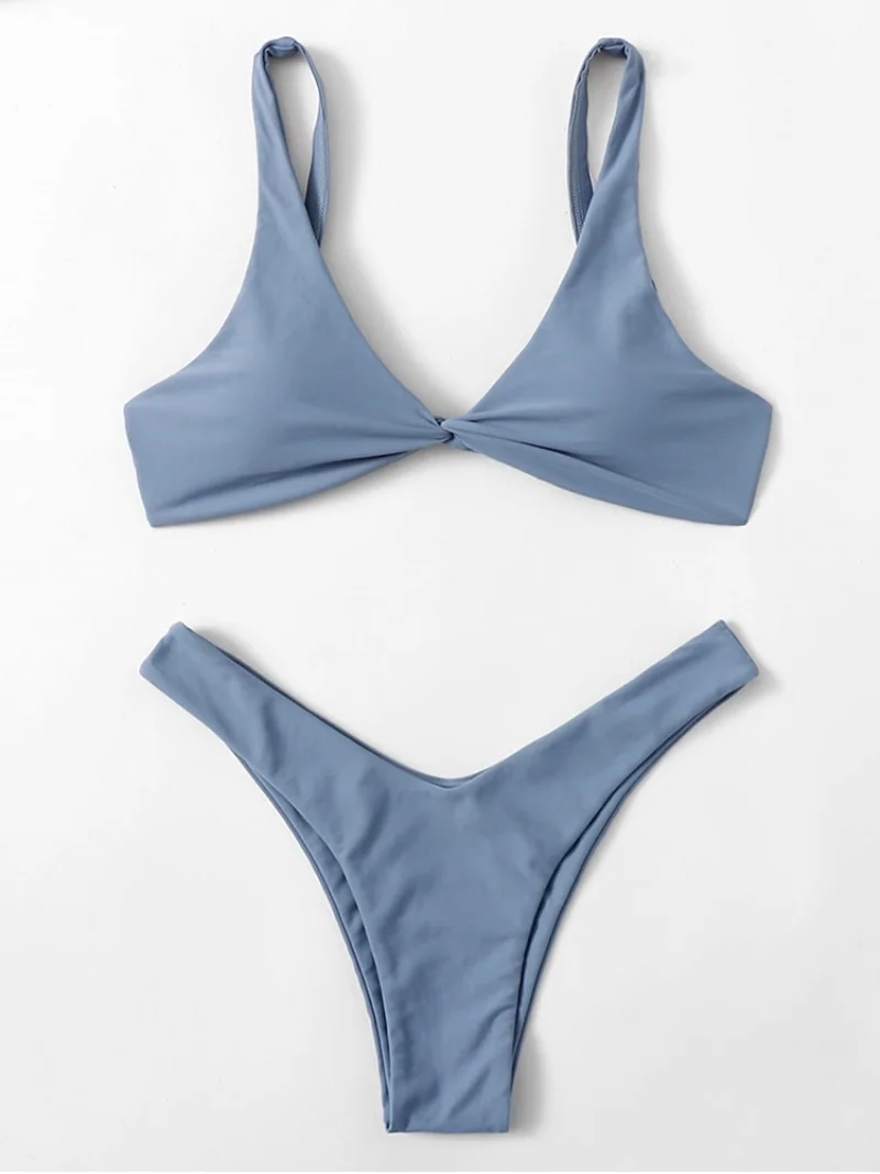 Bikini Sexy con lazo liso para mujer, traje de baño con sujetador acolchado de pierna alta, conjunto de Bikini brasileño de realce, traje de baño