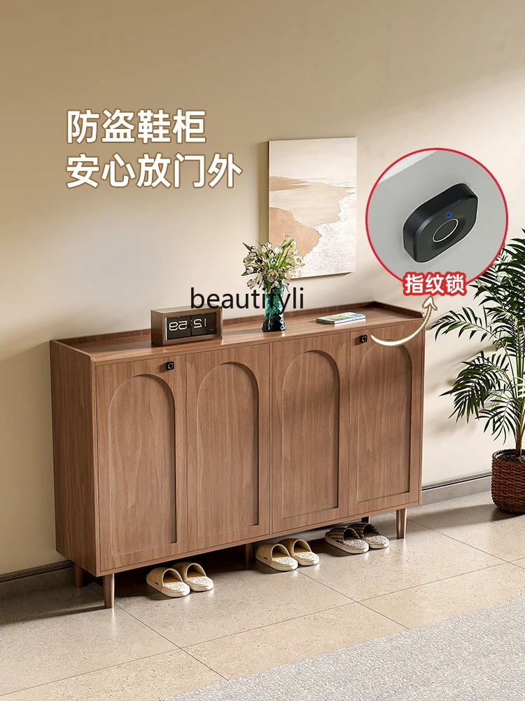 Door Corridor Shoe Cabinet Solid Wood with Lock Anti-Theft Elevator Entrance Fingerprint Lock Multi-Tier Movable Shoe Cabinet