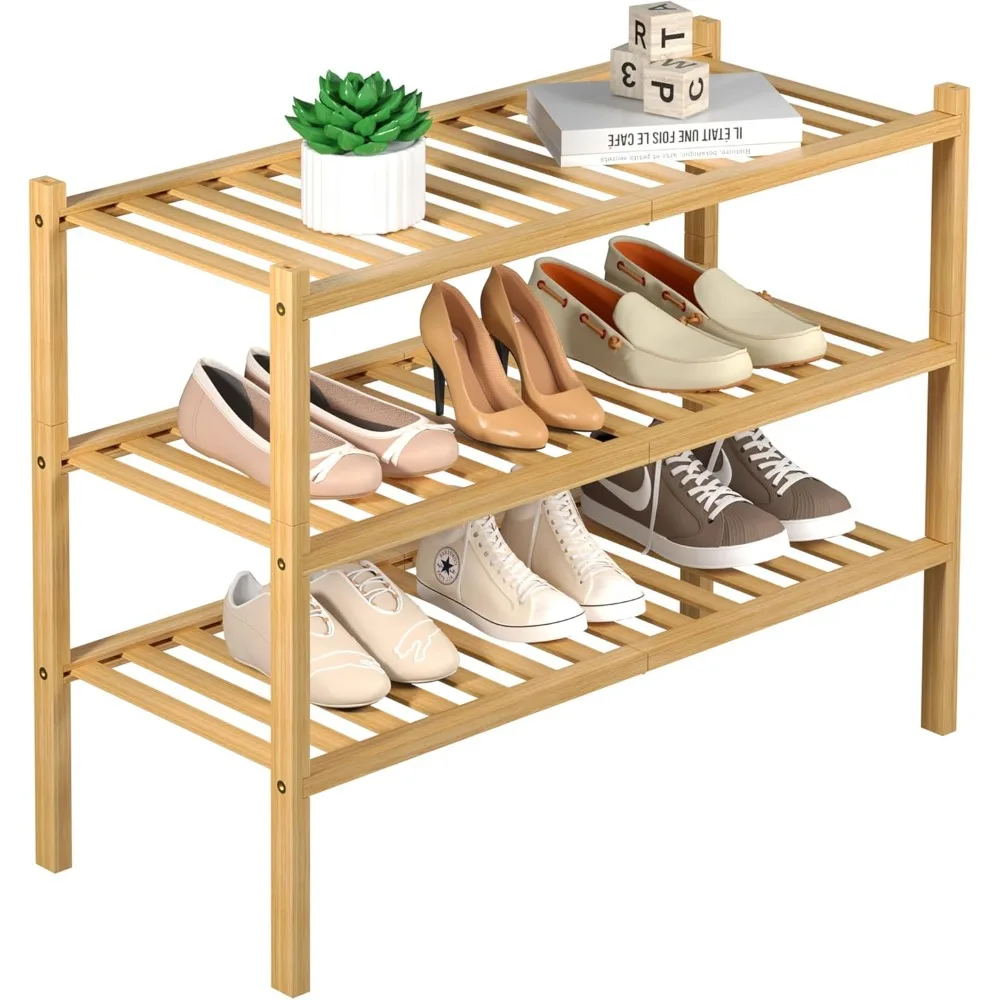 

3 Tier Bamboo Shoe Rack for Closet Free Standing Wood Shoe Shelf Storage Organizer for Entryway Small Space Stackable 27x11x20 (