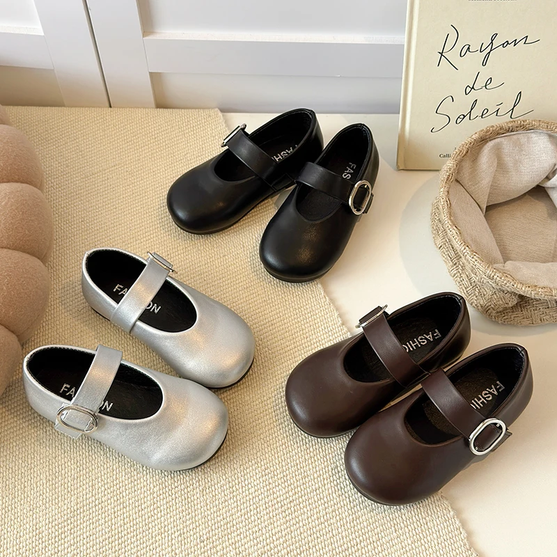 

Toddler Girl's Mary Jane Shoes Classic Chic Kid's Leather Shoes with Buckle Strap Black Silver Brown School Shoes for Children