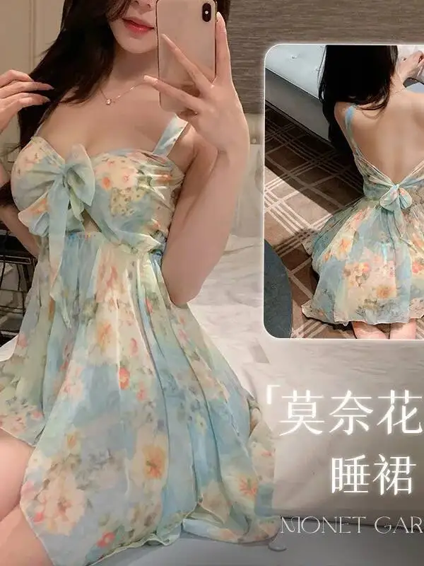 Sweet Green Tank Mini Dress Bow Cute Girl Garden Deep V Neck Floral Dress Elegant Thin Summer Sheer Women Tops Korean  RQE8