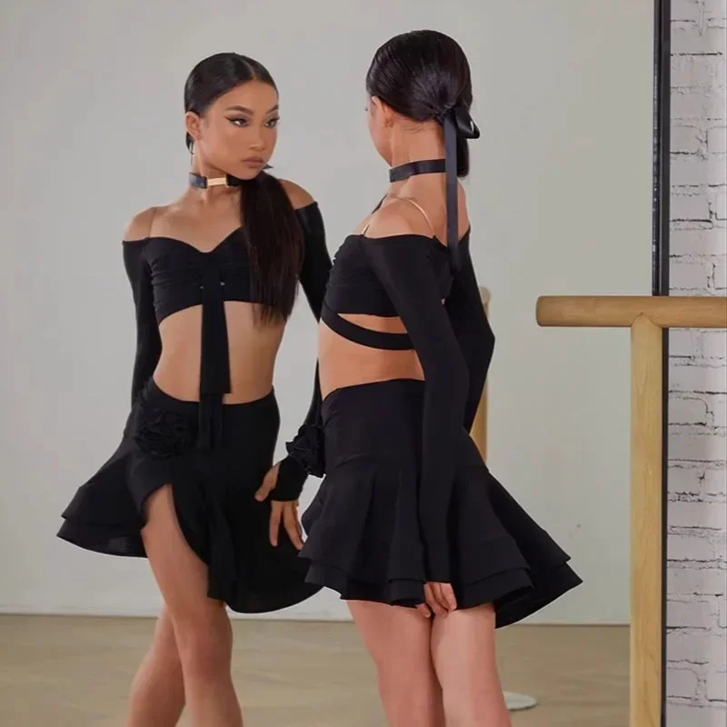 Sexy Off Shoulder Latin Top Ruffled Skirts Latin Dance Costume Stage Performance Clothes Samba Tango Dance Wear Set for Women