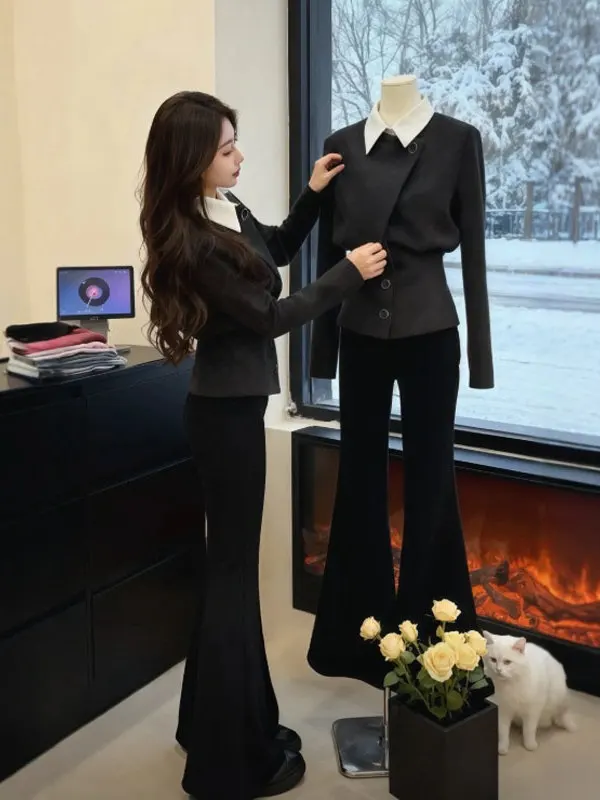 

Retro Gentle Sle Faionable Slim Fit Woolen Coat Waist Cinched Two-Piece Look Small Size Winter Outerwear for Women