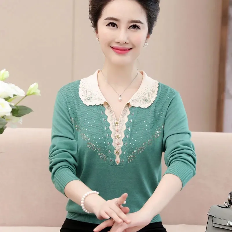 

Fashion Spring Autumn Women's Sweater Pullover 2024 New Loose Middle-Aged Elderly Mom Knitwearr Lapel Knitted T-Shirt Tops