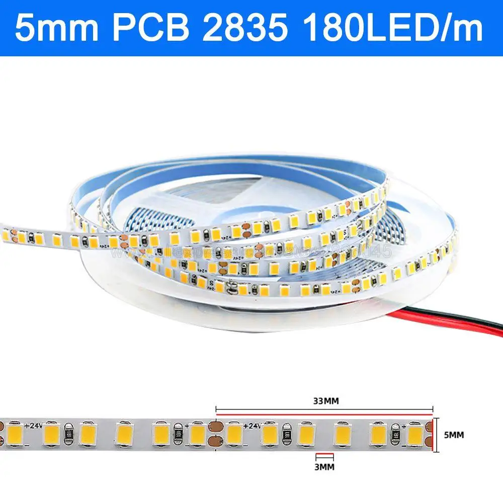 Imagem -04 - Smd 2835 Led Fita de Fita de Luz de Tira 60 120 180 240 480led m Única Linha Dupla mm mm 10 mm 15 mm Largura Pcb 5m 5v 12v 24v dc