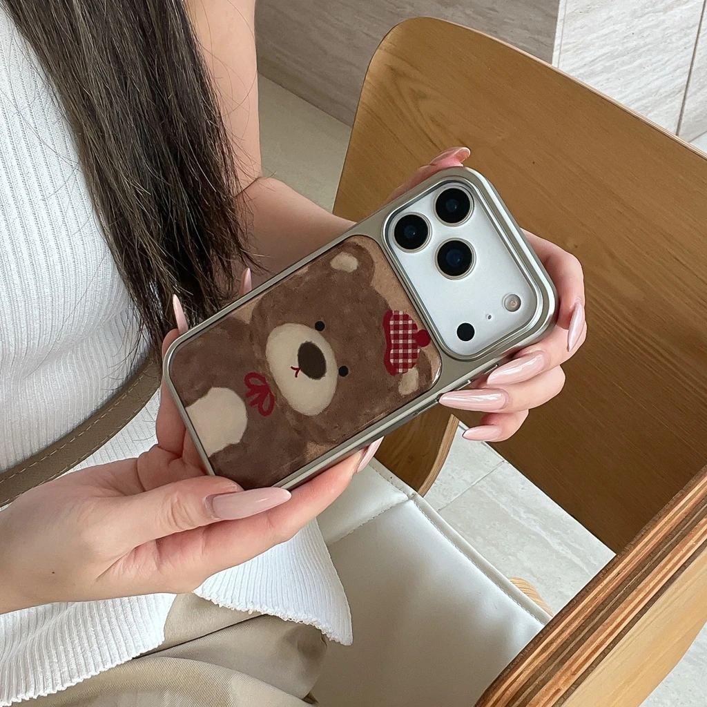 الكرتون لطيف الدب البني الأحمر قبعة Bowknot قطرة الغراء الفضة الحدود صدمة برهان غطاء الهاتف القضية آيفون 17 16 15 14 برو ماكس