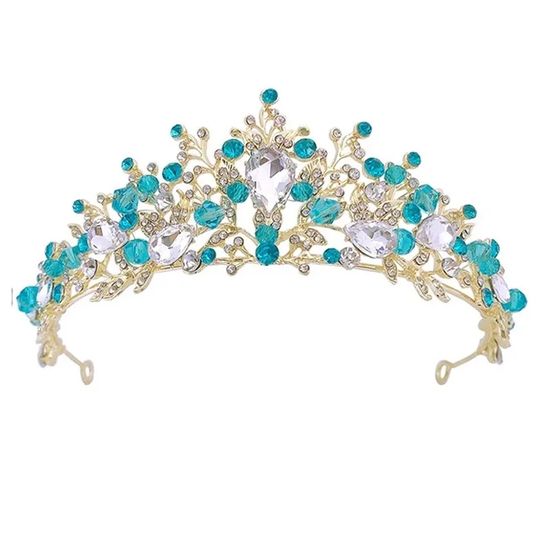 Handmade Sparkly Sky Blue Crystal Beaded Wedding Crown Queen Tiara Headband Bridal Diadem For Women Girls Prom Hair Jewelry