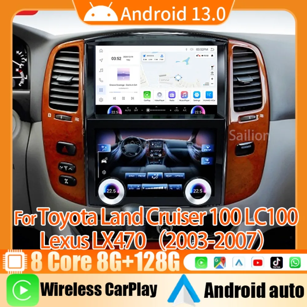 Multimedia System+Climate Control 10inch Double Car Screen For Toyota Land Cruiser 100 LC100 Lexus LX470 Android13 Carplay Radio