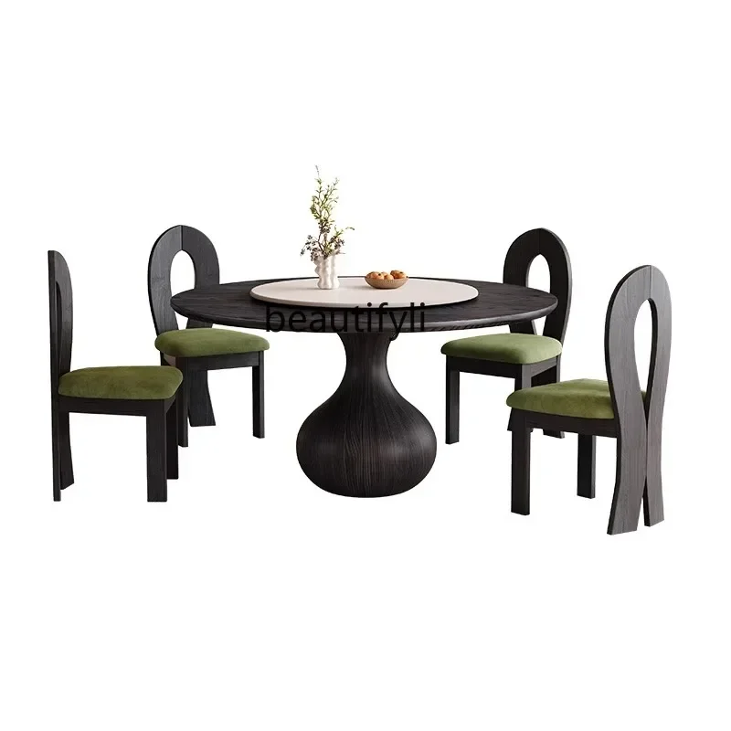 Solid wood dining table and chair combination retro circular dining table with turntable small apartment dining table C56
