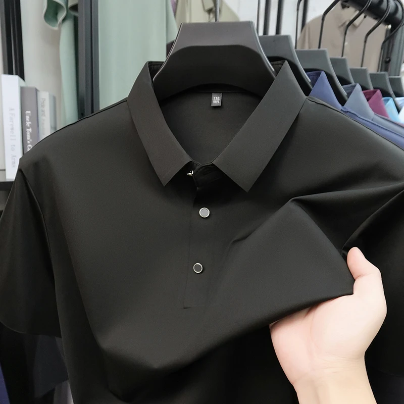 

2026 Summer Men Premium Plain T-shirt Sleek Seamless Silky Surface Elastic Fabric Anti-Wrinkle Senior Executive Office Tee Top