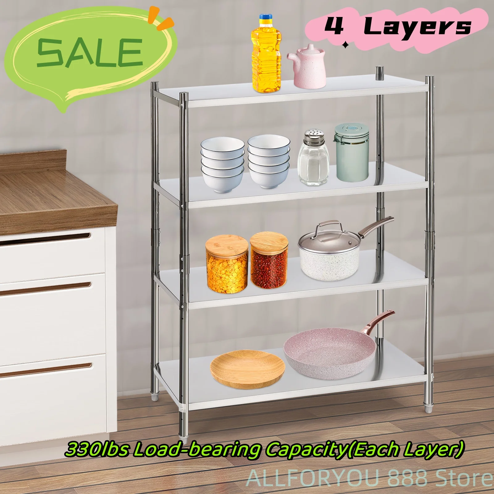 4 Layers Stainless Steel Shelving Adjustable Height  46.8*18.5*60in/70.9*17.7*59.1in/58.1*17.5*58.1in