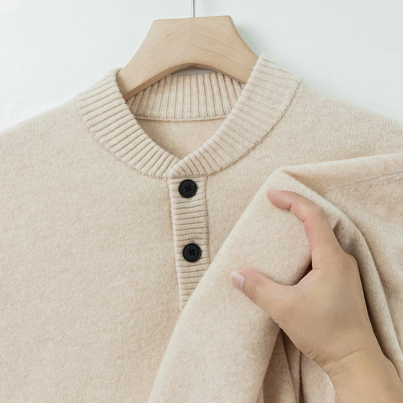 Trendy 2 Buttons Men Jumper 100% Cashmere Wool Clothes 2025 Winter Warm Long Sleeve Sweater Pullover Knit Tops