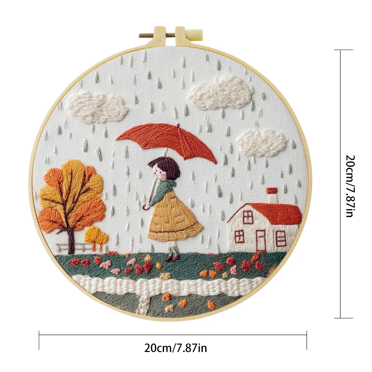 1 Stück 20X20CM/15X15CM 7,87/6,3 Zoll Ein kleines Mädchen, das an einem regnerischen Tag einen Regenschirm hält Taschen-Stickerei-Starter-Kit DIY-Kit Heimdekoration – Detail 4