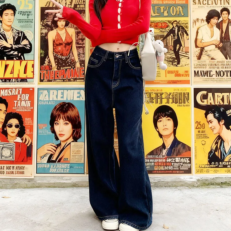 Jean thermique Y2K pour femme, doublé polaire, pantalon à jambes larges, taille haute, jambe droite, hiver