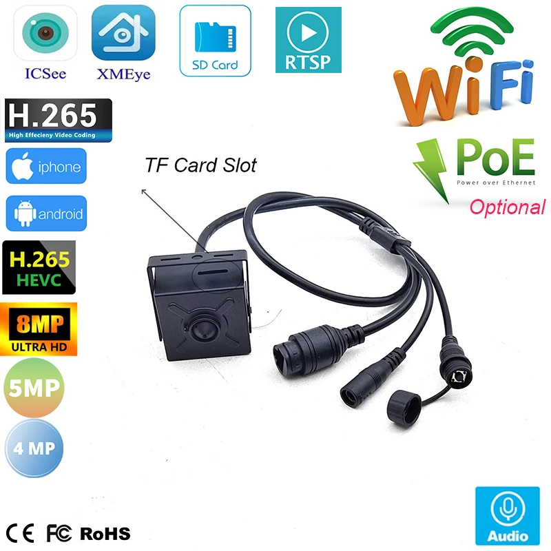 ICSEE 4K 8MP 5MP 4MP POE Mini IP Camera Wifi Wireless Webcam On vif H.265 Motion Detection Security Cam RTSP Audio TF Card Slot