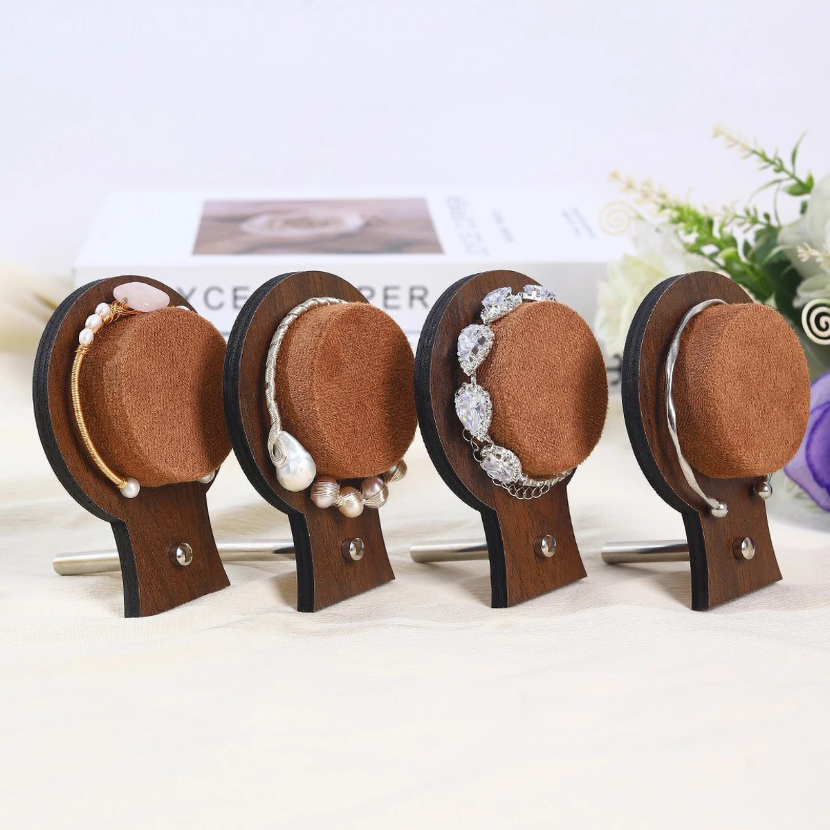 Wooden Bracelet Display Stand with Velvet Pad - Stable Metal Base Jewelry Holder for Bracelets & Bangles