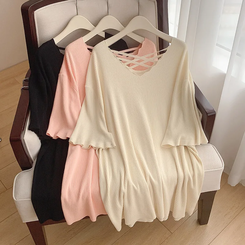 

160Kg Plus Size Women's Bust 160 Summer Loose Wave Neck Short Sleeve Knit Shirt Black Apricot Pink 6XL 7XL 8XL 9XL 10XL