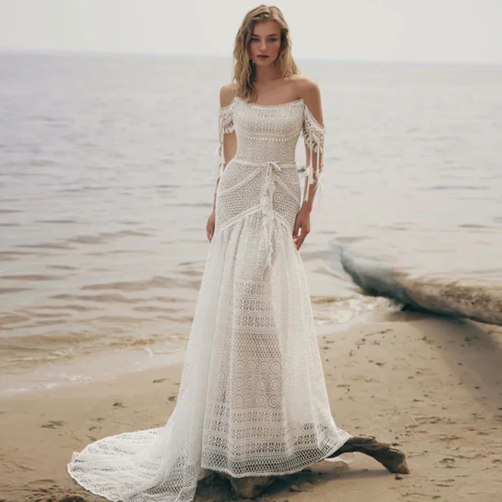 ชุดเจ้าสาวลูกไม้ทรงเสน่ห์แบบเปิดไหล่ พร้อมซิปด้านหลังแบบคลาสสิก ชุดแต่งงานทรงเมอร์เมดแบบไร้สายสะพาย สามารถปรับแต่งได้