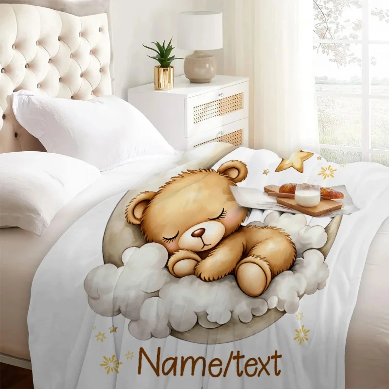 1psc Cute Teddy Bear Blanket With Name Customized Flannel Blanket For Kids Boys Girls Soft Birthdays Gifts Home Bed Sofa Decor