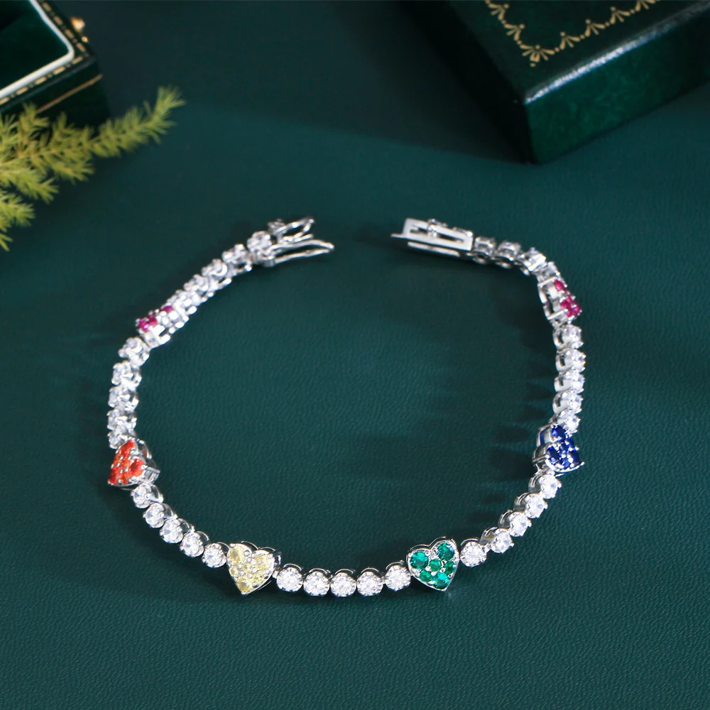 ThreeGraces Elegant Multicolor Love Heart Shape Shiny Cubic Zirconia Link Chain Bracelet for Women Bridal Party Jewelry BR371