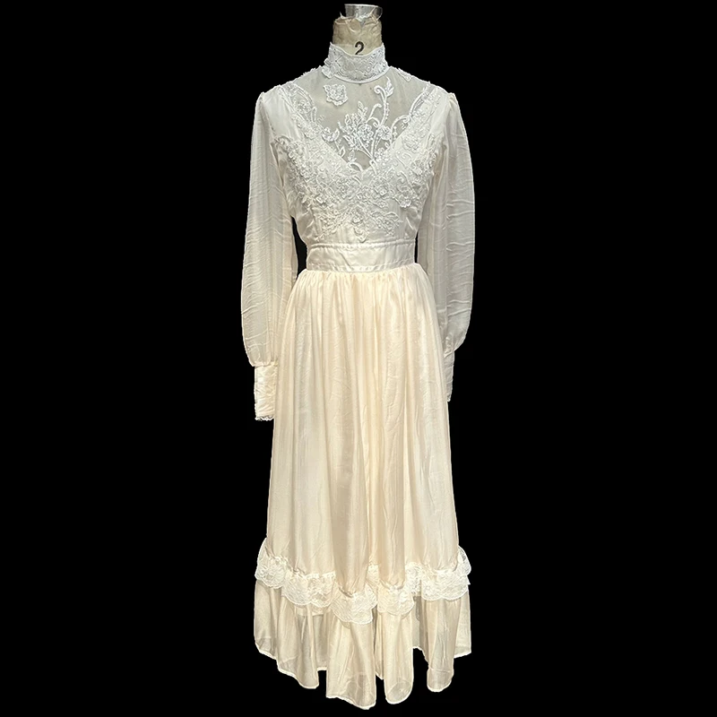 AnXin SH-Robe de soirée en mousseline de soie beige, col haut, manches longues, fleur blanche, dentelle, perles, fermeture éclair, personnalisée, princesse vintage