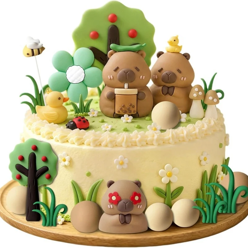 19-teiliges Capy-Kuchen-Dekorationsset Niedliche Tier-Geburtstagsparty-Dekorationen Ente Biene Pilz Blume Kuchen-Topper Geburtstagszubehör