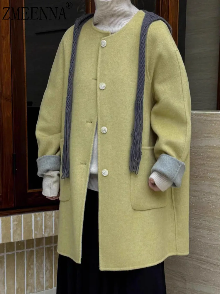 

ZMEENNA Women's Wool Blend Single Breasted Coat Lime Green Button Down Jacket With Round Neckline Contrast Cuffs ZM3621