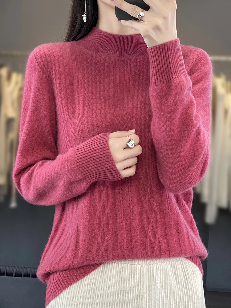 100% Wool Autumn Winter Fashion Women sweater O-Neck Pullover Long Sleeve Tops New Knitwear Jumpers Warm Thick Soft Comfortable