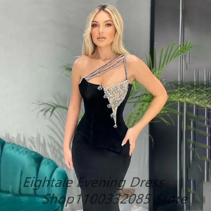 2022 One Shoulder Asymmetrical Velvet Black Mermaid Evening Dress Prom Dress Crystal Robe De Soirée Formal Evening Party Gown