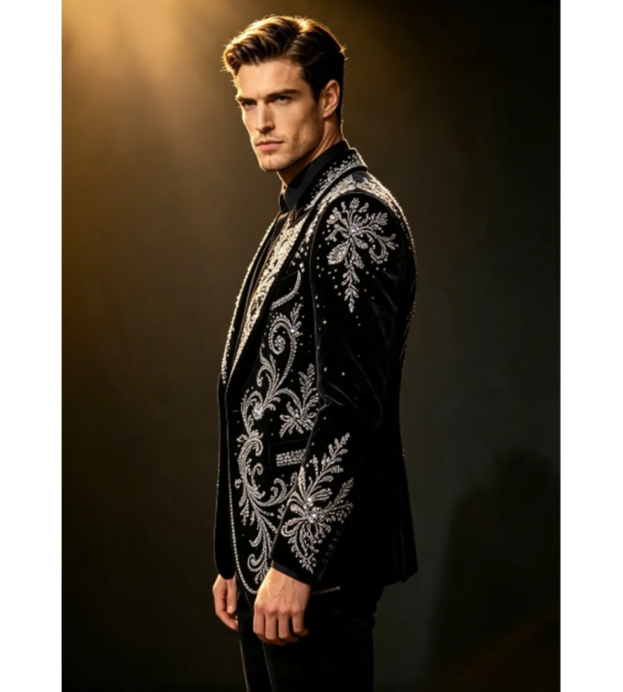 Customized Fashion Velvet  Men suit Simple Sequin Gem For Evening Groom Male Prom Party Glitter Blazer 3 Pieces Set Tuxedos Slim