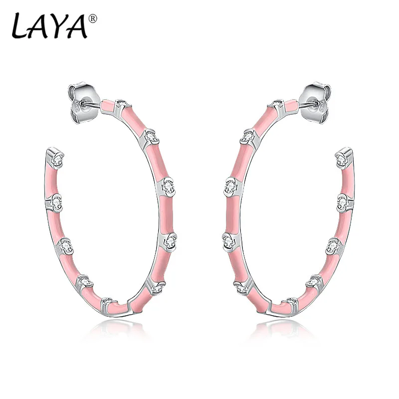 

LAYA Hoop Earrings For Women Sparkling Zircon Handmade Pink Enamel 100% 925 Sterling Silver Piercing Ear Original Fine Jewelry