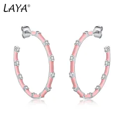 LAYA Hoop Earrings For Women Sparkling Zircon Handmade Pink Enamel 100% 925 Sterling Silver Piercing Ear Original Fine Jewelry