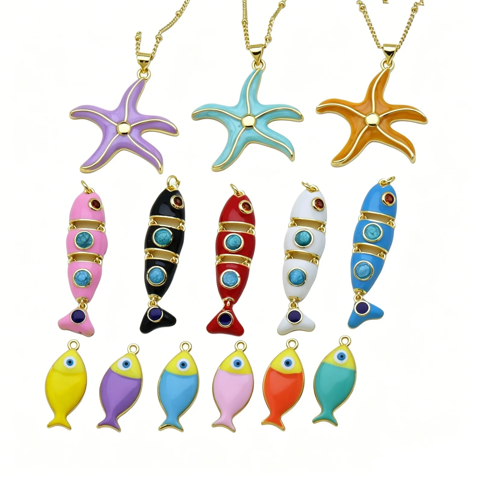 2pcs New Brass Ocean Jewelry Charms 18K Gold Plated Multicolor Enamel Starfish Fish Pendants For DIY Necklace Jewelry Findings