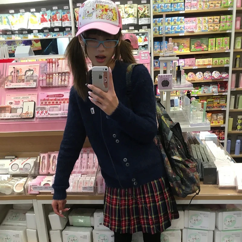 Karrram اليابانية Y2k فروي سترة 2000s نمط محبوك معطف الفرو خمر Harajuku الأزرق الداكن سميكة تريكو الكورية موضة 90s