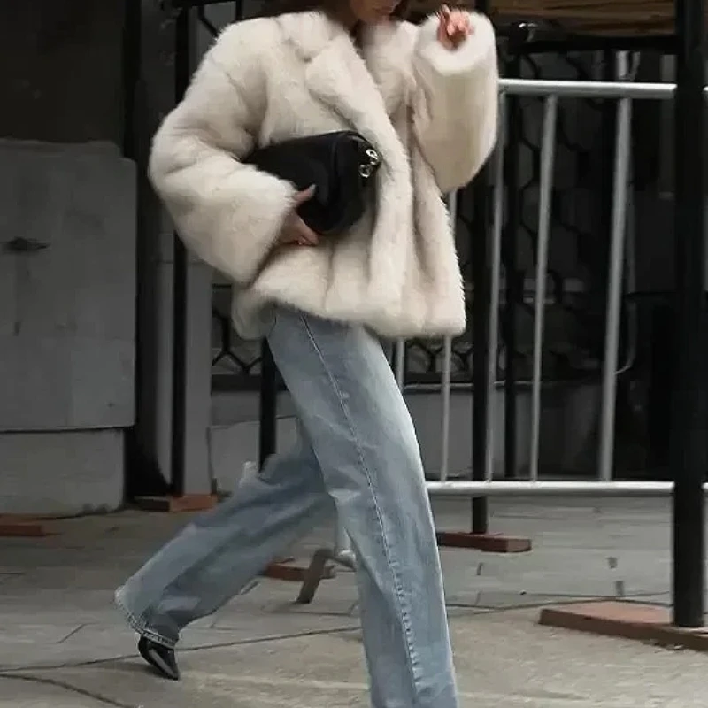 

Faux Fur Coats Women Thick Warm Coat Spring Turn Down Collar Maxi Y2k Streetwear Elegant Jackets Outerwear Autumn Winter Jacket