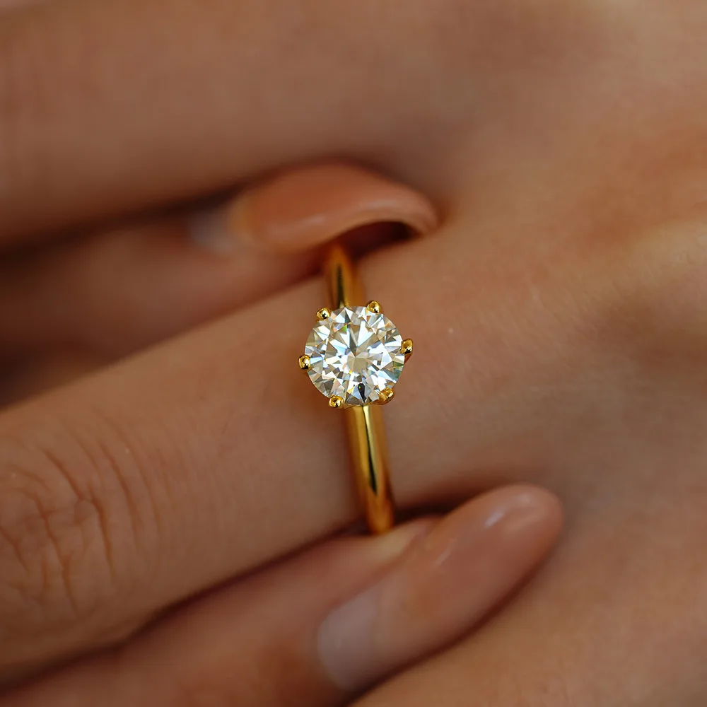 1ct Moissanite Rings for Women, Round D Color VVS1 Clarity Lab Created Moissanite Ring 14K Yellow Gold Vermeil 6 Claw Solitaire